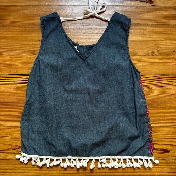 Entro blue denim pink embroidered tassel tank top SIZE M - Picture 5 of 5